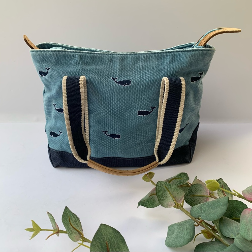 Vintage L.L. Bean Canvas Boat & Tote Bag in Rare Whale Embroidery/Blue
